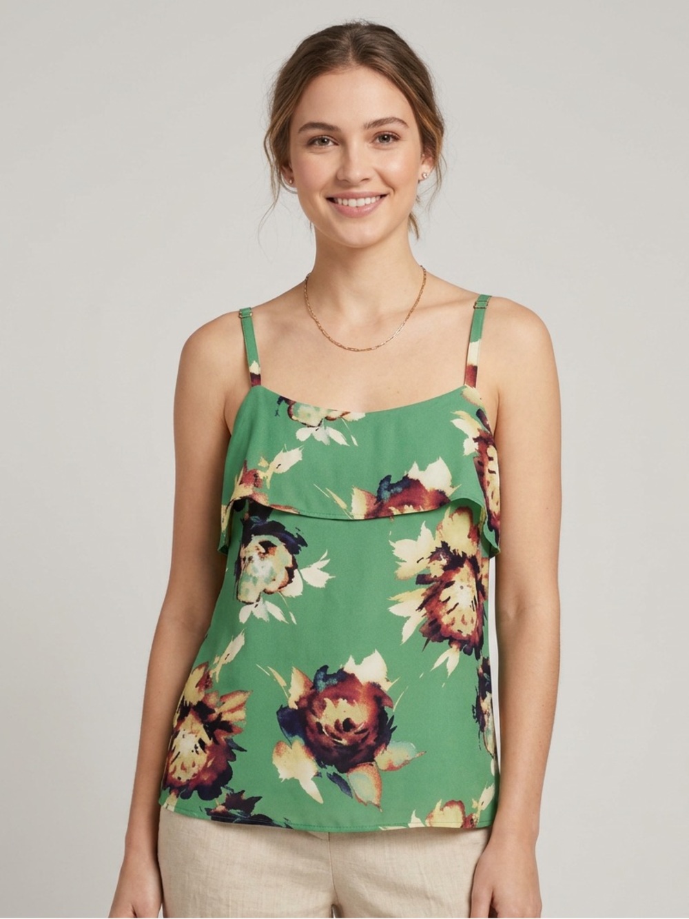 CAbi Green Floral Print Camisole Medium Layered Ruffle Tank Cottagecore Feminine